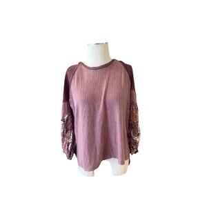 Umgee Shirt Top Womens Small Purple Waffle Knit Balloon Sleeves Round Neck